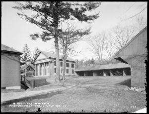 Photograph of the First Congregational Church (Old Brick Church), Thomas Hall and sheds