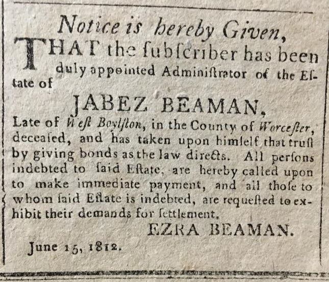 Jabez Beaman DeathNotice1812