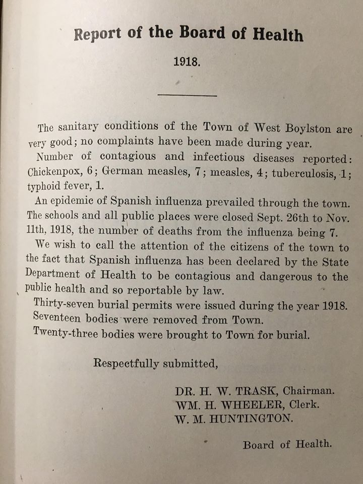 A copy of a report from the Board of Health in 1918-1919