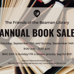 top down view of multiple books with text explaining the 2025 annual book sale dates.