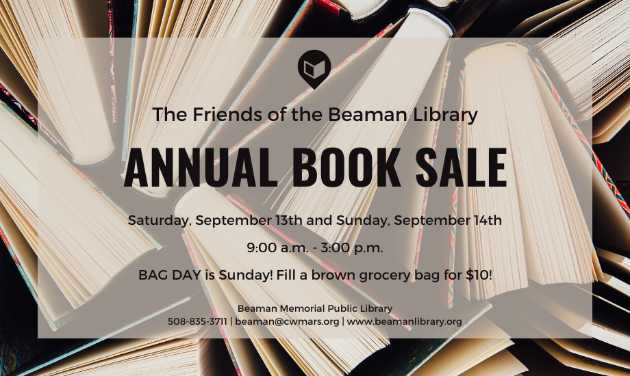 top down view of multiple books with text explaining the 2025 annual book sale dates.