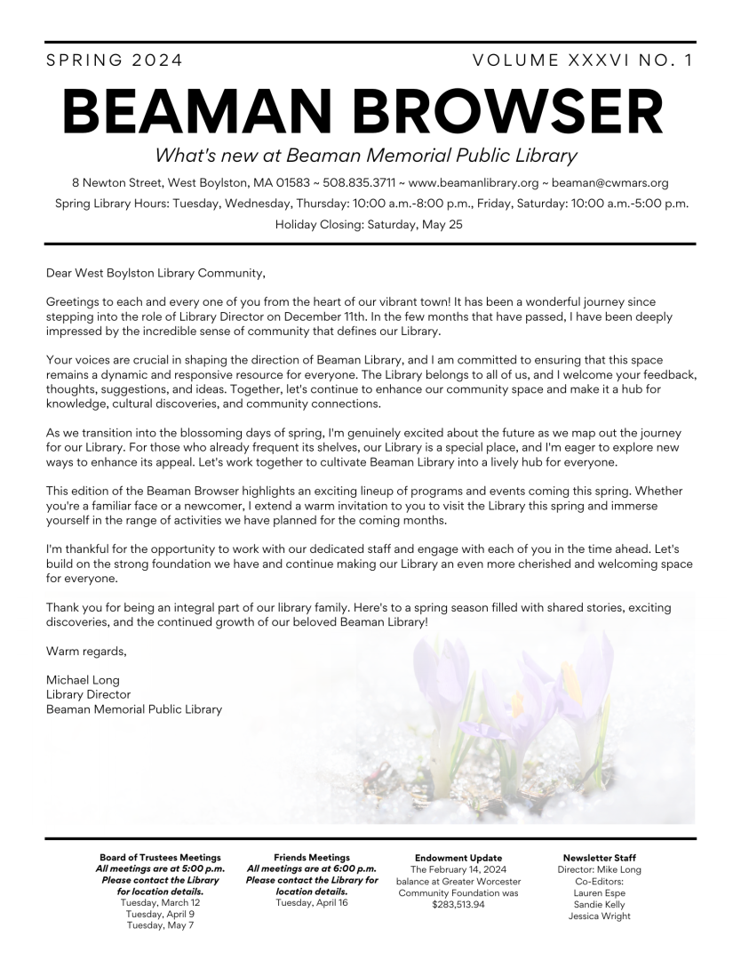 The front page of the Spring 2024 Beaman Browser.