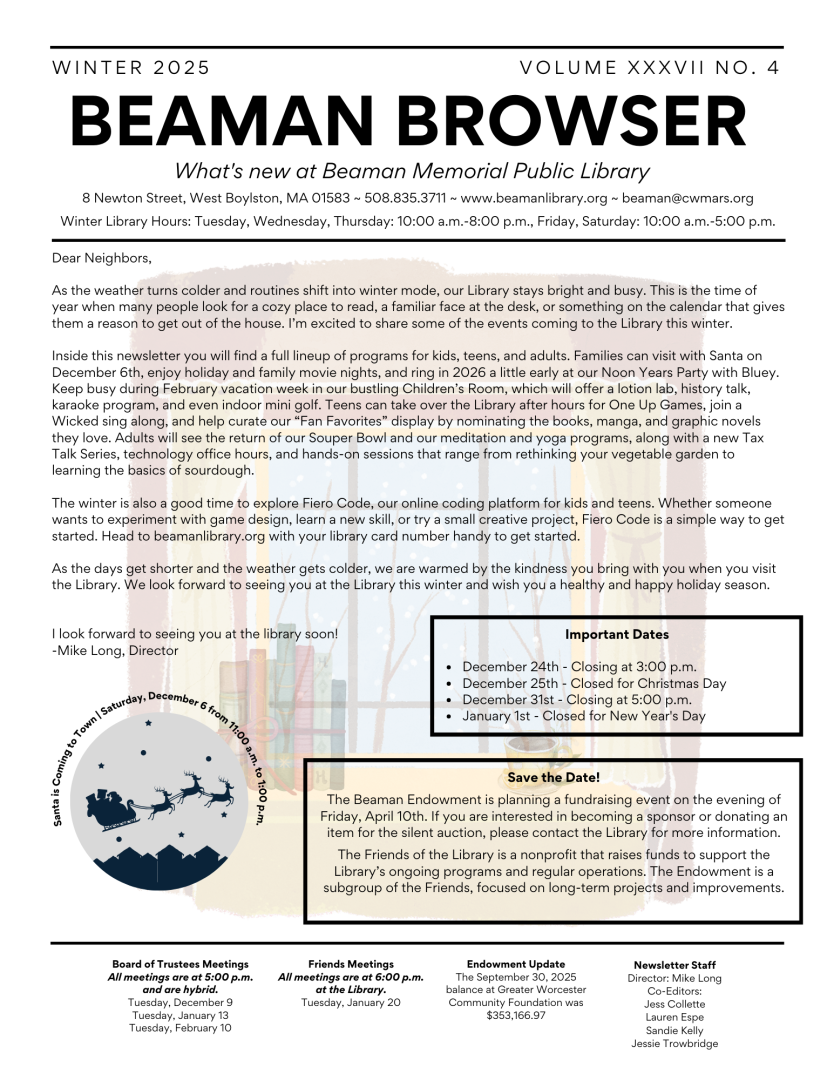Front page of Winter 2025 Beaman Browser.