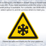icy road warning sign on grey snowflake background with text describing february 4th ramp closure and how to access curbside assistance.