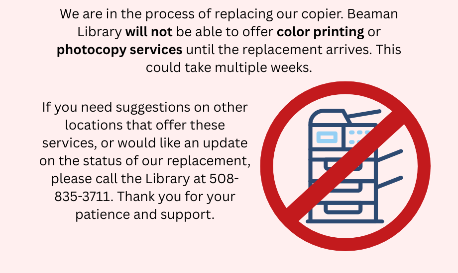 copier in a red crossed out circle with text explaining services that we cannot offer while waiting for a replacement.
