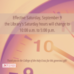 An analog clock face is featured in warm purple and cream colors.