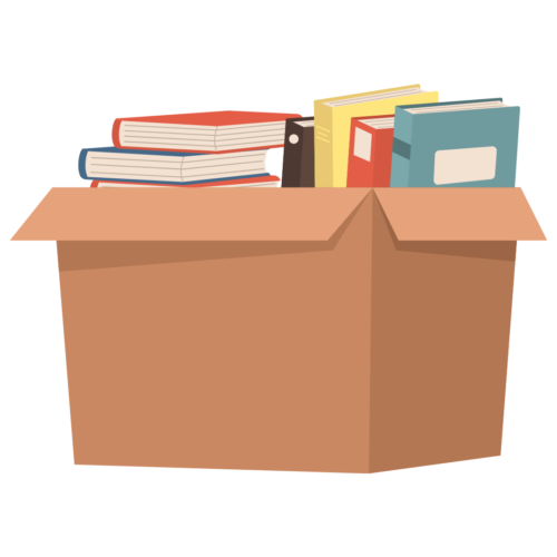 An illustration of a cardboard box with books stacked inside.