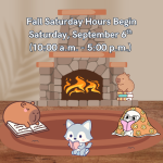 three small critters reading in front of a lit fire place with a fourth critter sitting on a stack of books on the hearth.