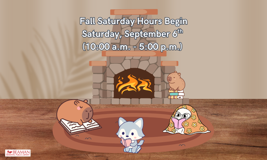 three small critters reading in front of a lit fire place with a fourth critter sitting on a stack of books on the hearth.