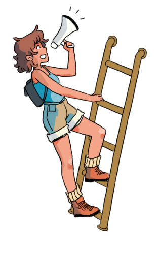 An illustration of a person climbing a ladder, speaking through a megaphone.