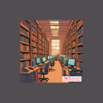 An AI generated image of a row of computers and chairs in a library setting.