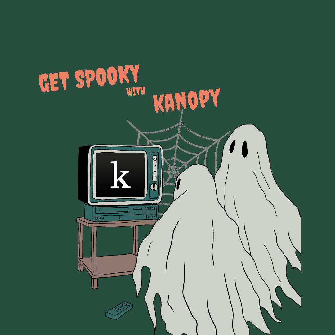 An illustration of ghosts watching an old television with the Kanopy logo.