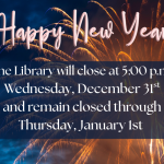 orange fireworks on dark blue night sky with white text explaining new year's day closure and pink balloon letters saying happy new year.