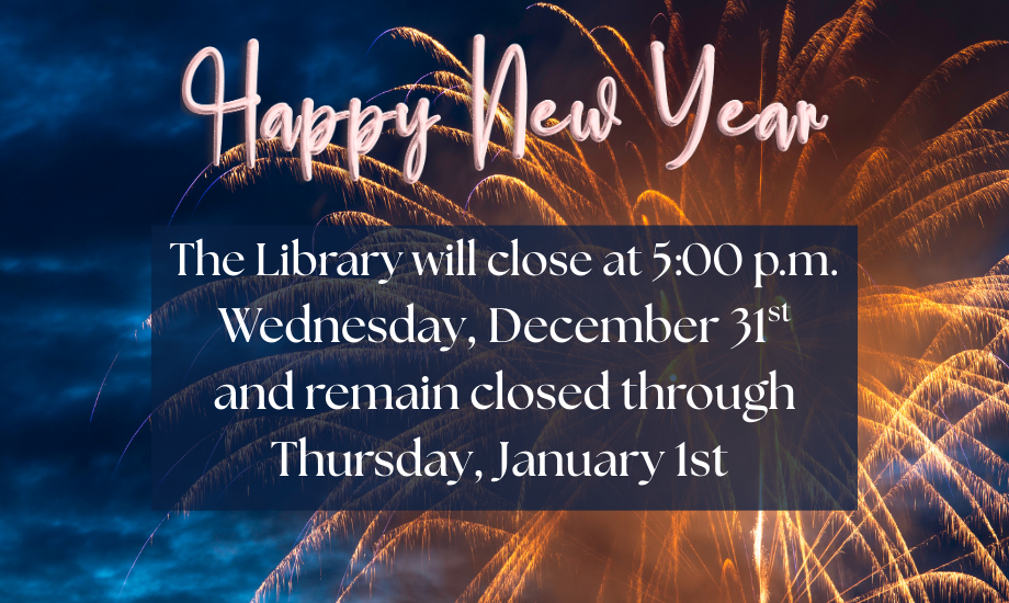 orange fireworks on dark blue night sky with white text explaining new year's day closure and pink balloon letters saying happy new year.