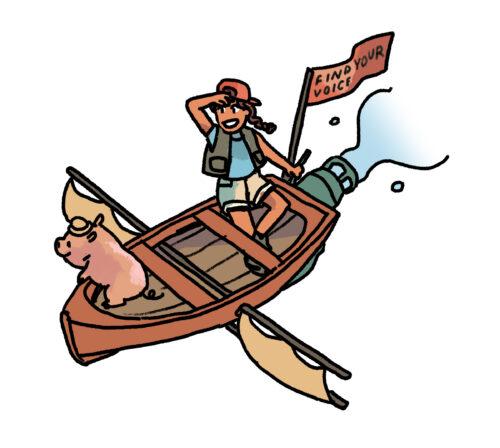 An illustration of a pig and a person sailing in a small motor boat.