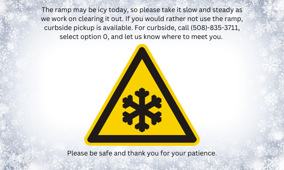 icy road warning sign on grey snowflake background with text describing icy ramp conditions and how to access curbside assistance.