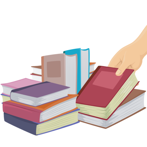 An illustration of a stack of books with a hand reaching in to pick one up.