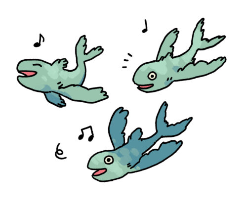 An illustration of three turtles swimming with music notes above their heads.