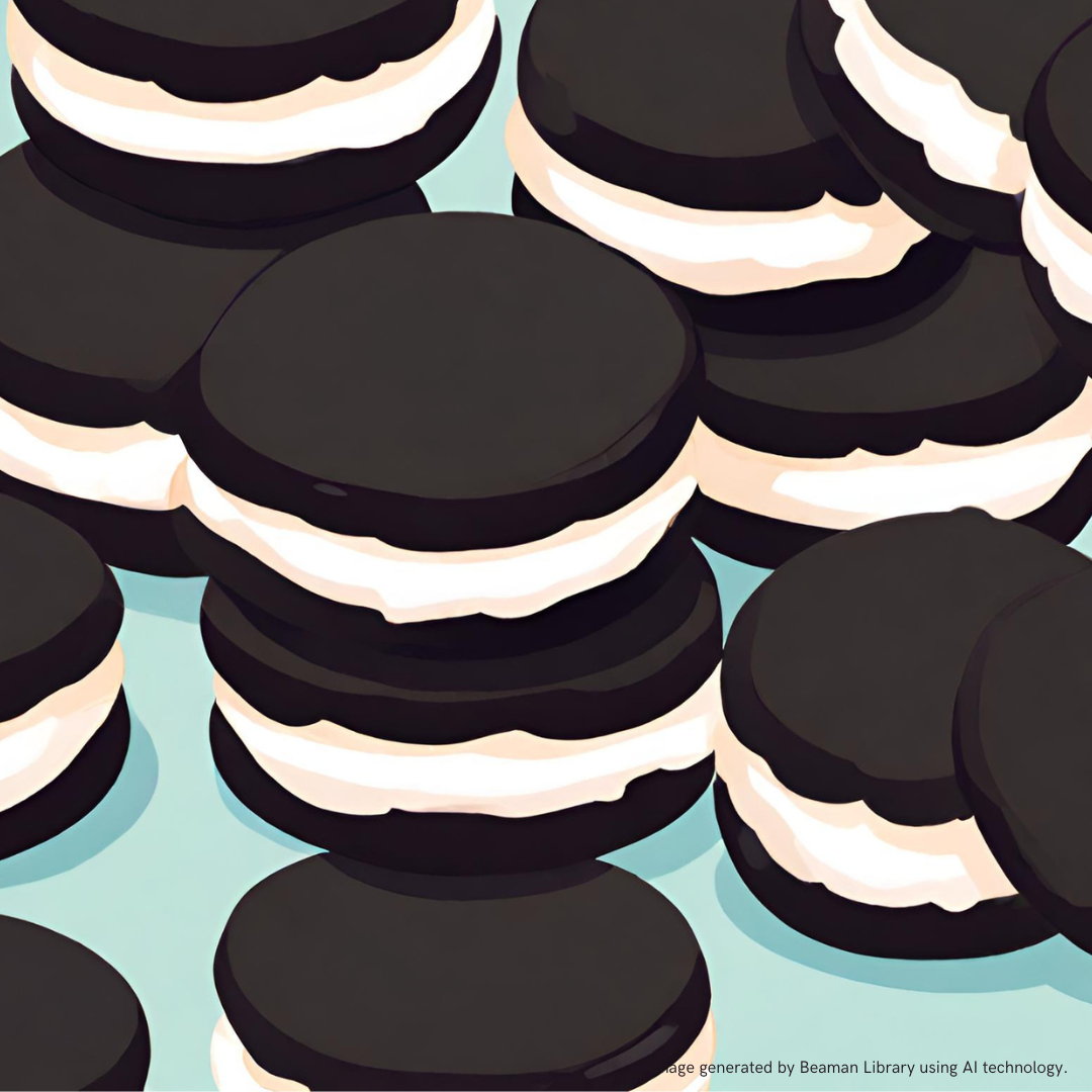 An illustration of black and white cookies on a teal background.