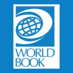 world book logo of a white and blue line art globe in a white nebula on a blue background with the words world book written in blue on a white background.