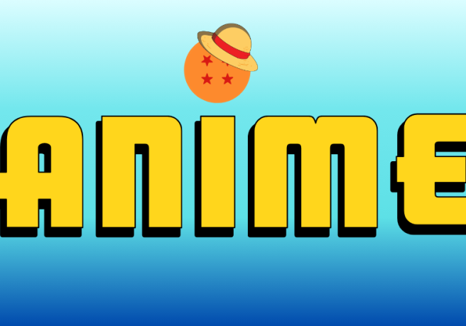 the word anime in yellow letters with an orange ball with four red stars and a straw hat dotting the i on a dark blue and light blue gradient background.