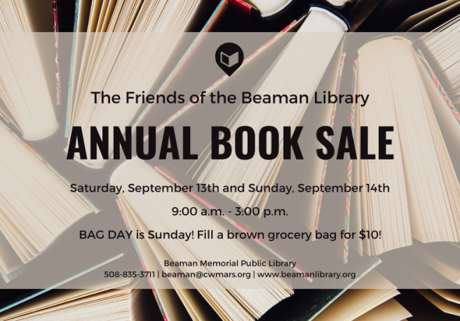 top down view of multiple books with text explaining the 2025 annual book sale dates.
