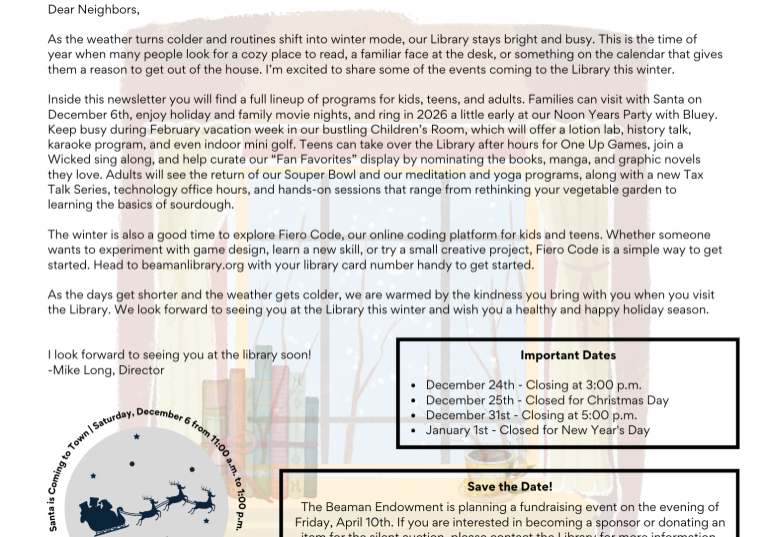 Front page of Winter 2025 Beaman Browser.