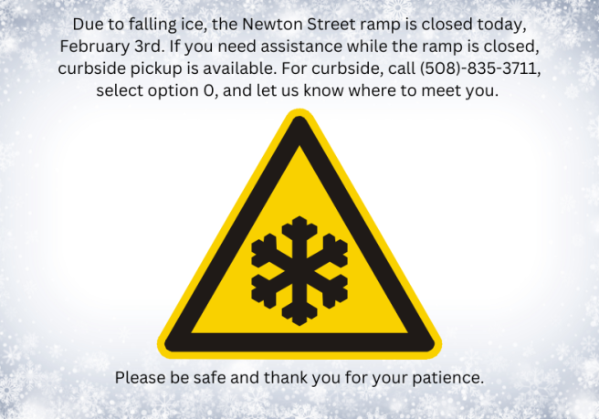 icy road warning sign on grey snowflake background with text describing ramp closure and how to access curbside assistance.