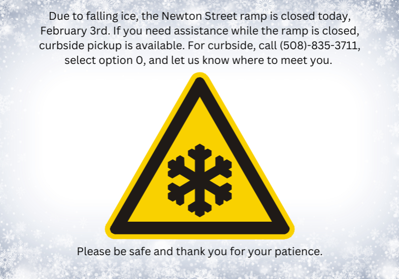 icy road warning sign on grey snowflake background with text describing ramp closure and how to access curbside assistance.