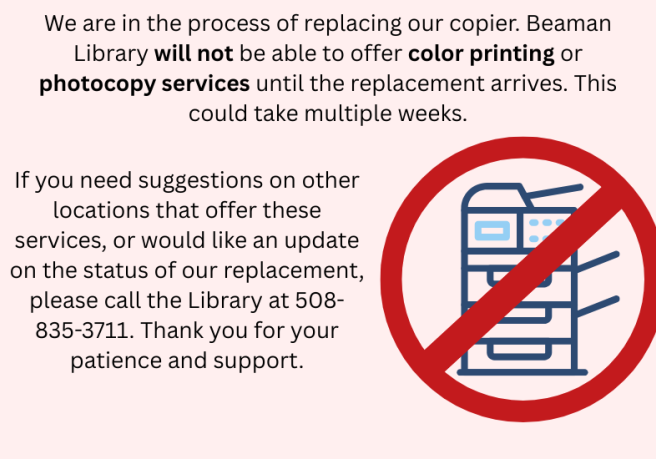 copier in a red crossed out circle with text explaining services that we cannot offer while waiting for a replacement.