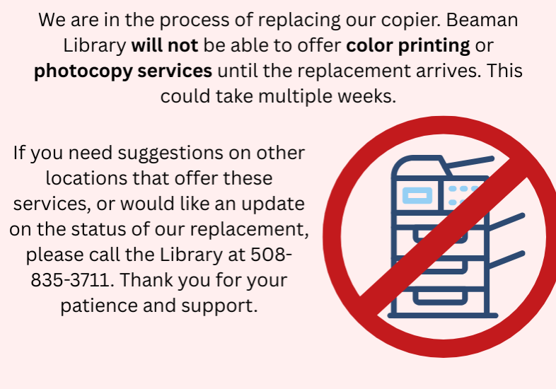 copier in a red crossed out circle with text explaining services that we cannot offer while waiting for a replacement.