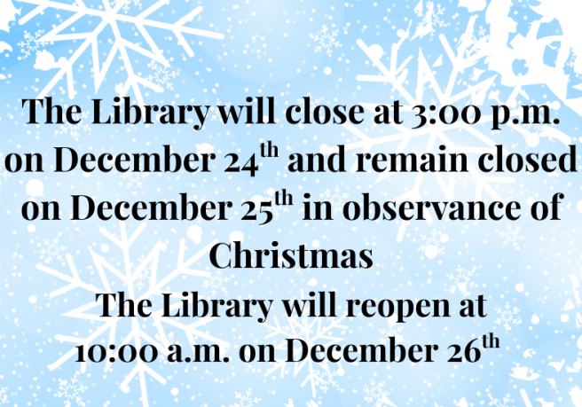 light blue background with white snowflakes and black text describing christmas closures.
