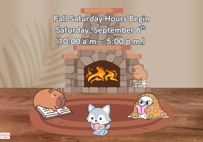 three small critters reading in front of a lit fire place with a fourth critter sitting on a stack of books on the hearth.