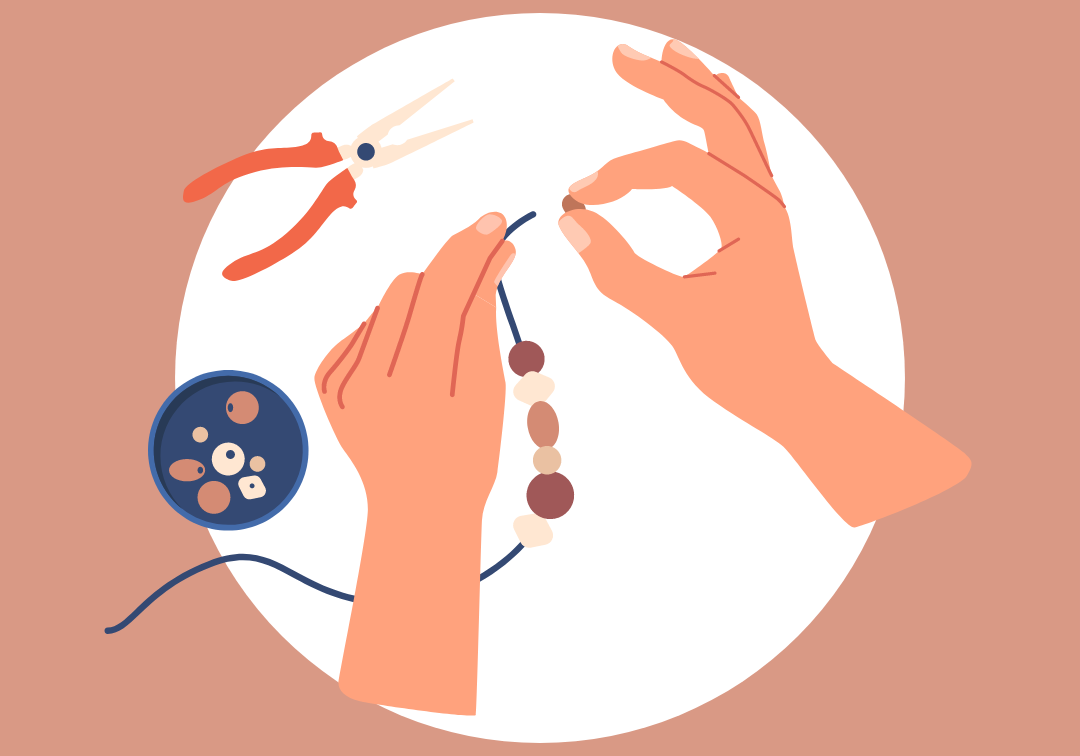 An illustration of two hands crafting a beaded bracelet.