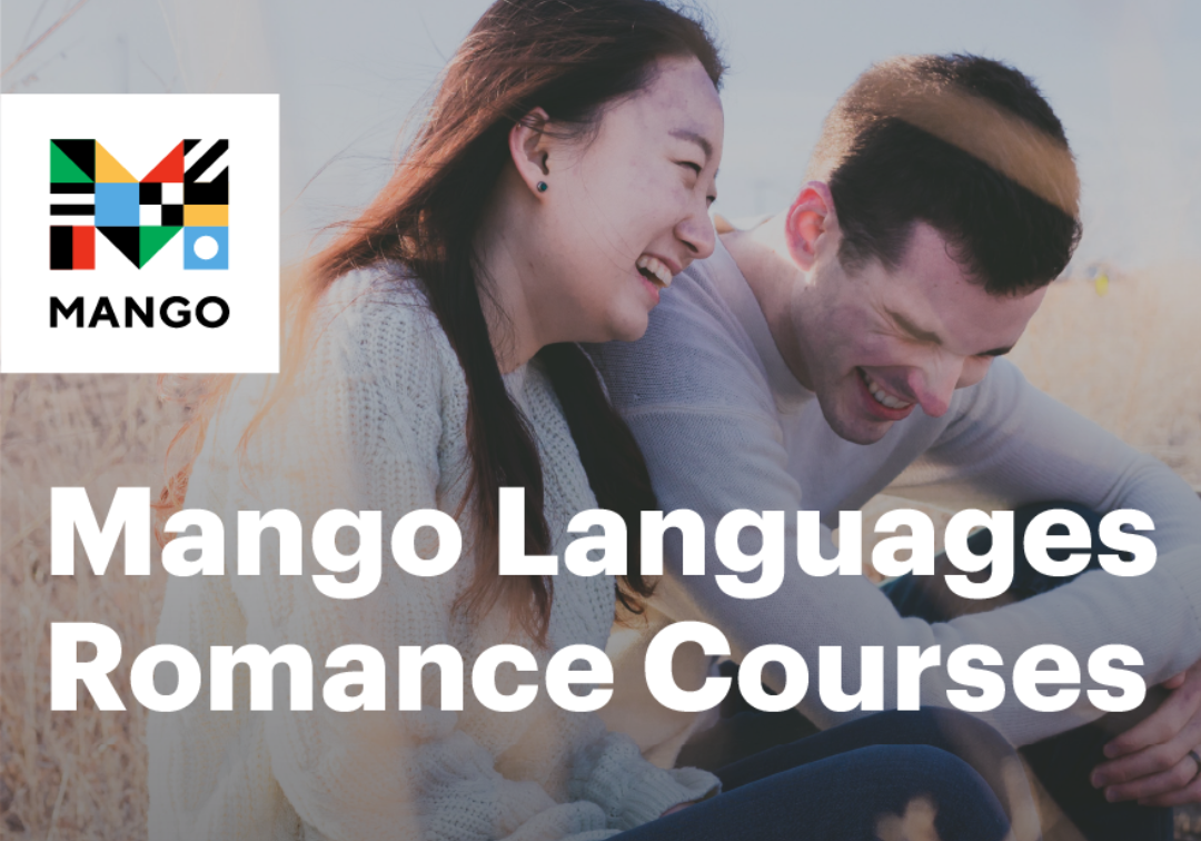A photograph of 2 people laughing while sitting outside. The Mango logo is featured. Text reads "Mango Lanuages Romance Courses"