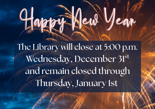 orange fireworks on dark blue night sky with white text explaining new year's day closure and pink balloon letters saying happy new year.