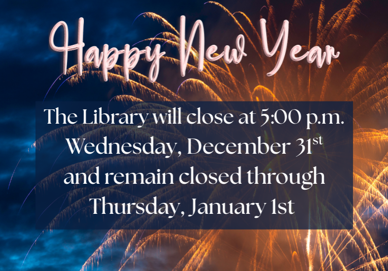 orange fireworks on dark blue night sky with white text explaining new year's day closure and pink balloon letters saying happy new year.