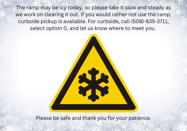 icy road warning sign on grey snowflake background with text describing icy ramp conditions and how to access curbside assistance.