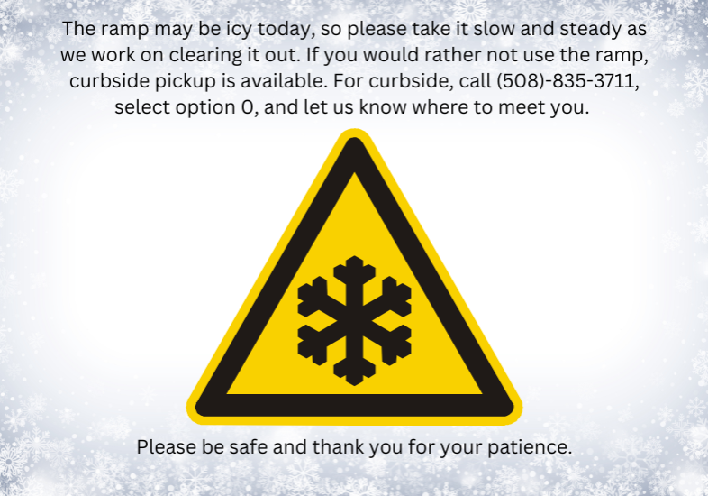 icy road warning sign on grey snowflake background with text describing icy ramp conditions and how to access curbside assistance.