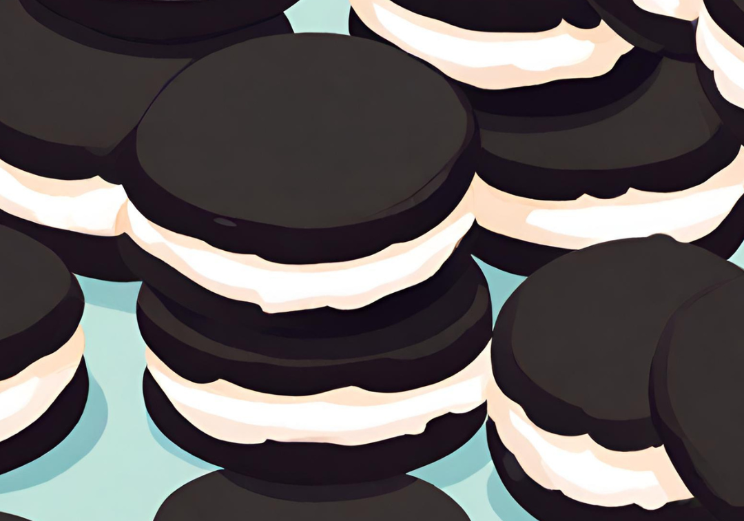An illustration of black and white cookies on a teal background.