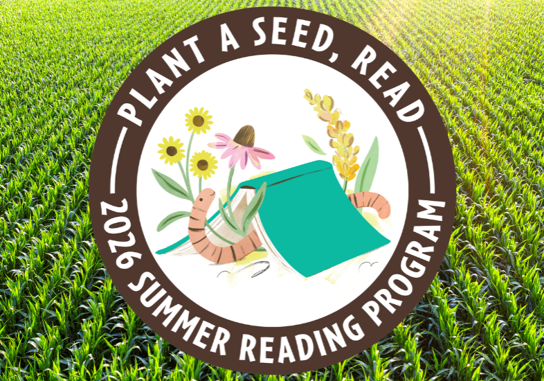 2026 iread summer reading challenge logo over a green corn field.