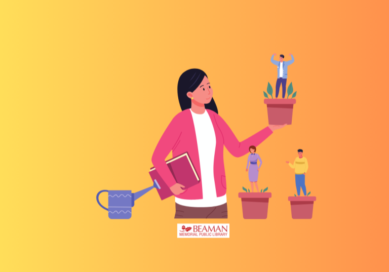 An illustration of a person holding a potted plant with a small person standing in the pot.